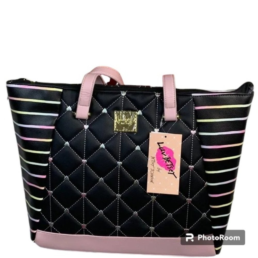 Betsey x Betsey Johnson black & rainbow heart quilted tote bag NWT